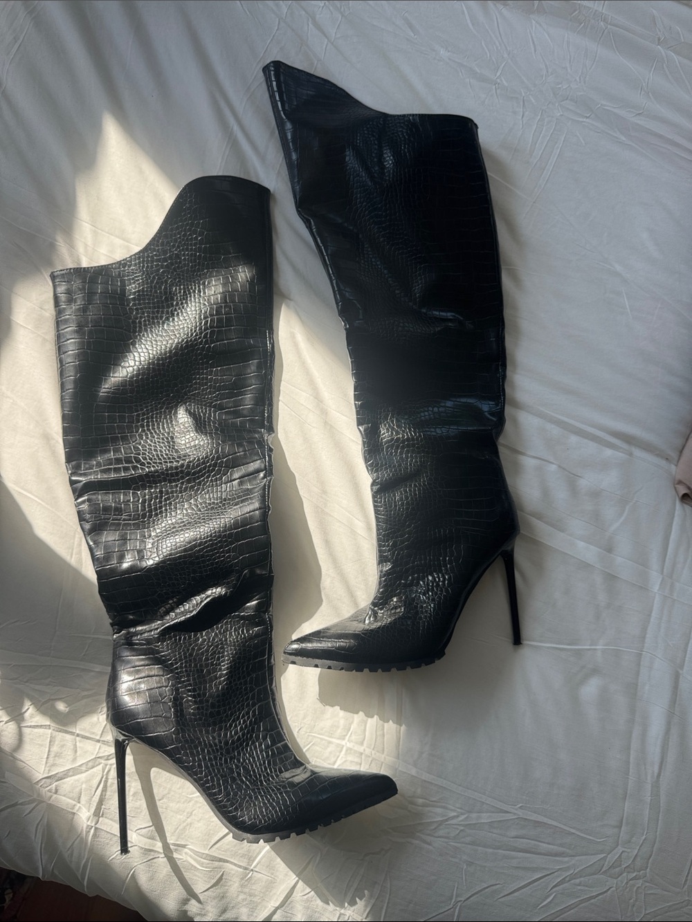 Dolls Kill Black Croc-Embossed Over-the-Knee Stiletto Boots